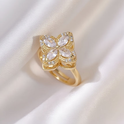 Rotating Zircon Four-Leaf Clover Adjustable Ring
