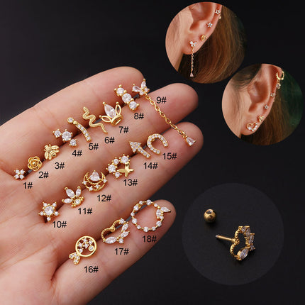 Stainless steel ear bone nail zircon