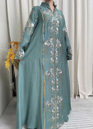 2025 Teal Muslim Abaya with Stand Collar and Exquisite Floral Embroidery Ideal for Islamic Festivities and Ramadan Celebrations