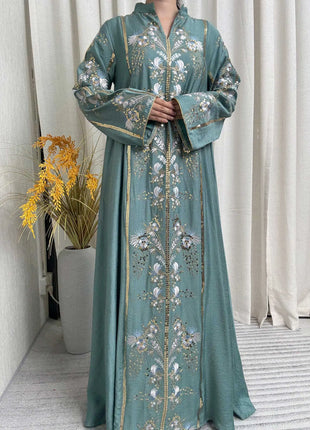 2025 Teal Muslim Abaya with Stand Collar and Exquisite Floral Embroidery Ideal for Islamic Festivities and Ramadan Celebrations