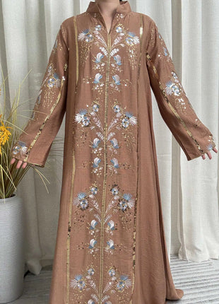2025 Teal Muslim Abaya with Stand Collar and Exquisite Floral Embroidery Ideal for Islamic Festivities and Ramadan Celebrations