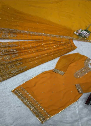 Elegant Faux Georgette Sharara Set with Intricate Thread and Sequence Work Includes Stitched Sharara and Matching Dupatta