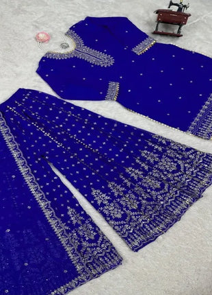 Elegant Faux Georgette Sharara Set with Intricate Thread and Sequence Work Includes Stitched Sharara and Matching Dupatta