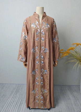 2025 Teal Muslim Abaya with Stand Collar and Exquisite Floral Embroidery Ideal for Islamic Festivities and Ramadan Celebrations