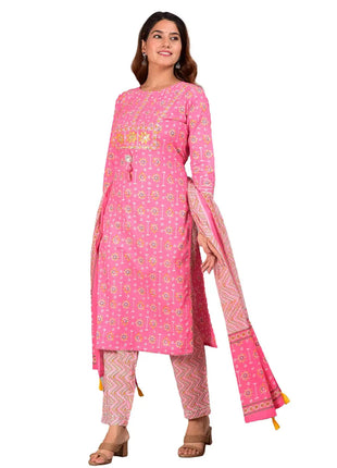 Embroidered Floral Kurta Set, Pink Cotton Kurta with Zig-Zag Printed Pants, Perfect for Casual or Festive Wear set for women