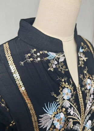2025 Teal Muslim Abaya with Stand Collar and Exquisite Floral Embroidery Ideal for Islamic Festivities and Ramadan Celebrations