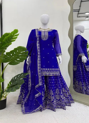 Elegant Faux Georgette Sharara Set with Intricate Thread and Sequence Work Includes Stitched Sharara and Matching Dupatta
