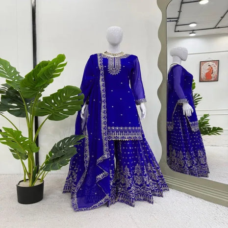 Elegant Faux Georgette Sharara Set with Intricate Thread and Sequence Work Includes Stitched Sharara and Matching Dupatta