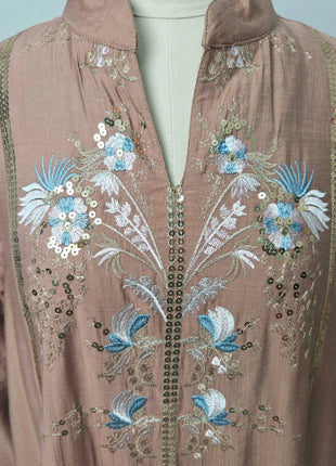 2025 Teal Muslim Abaya with Stand Collar and Exquisite Floral Embroidery Ideal for Islamic Festivities and Ramadan Celebrations