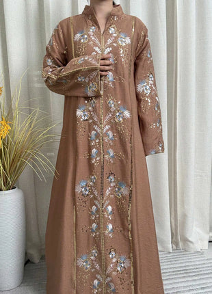 2025 Teal Muslim Abaya with Stand Collar and Exquisite Floral Embroidery Ideal for Islamic Festivities and Ramadan Celebrations