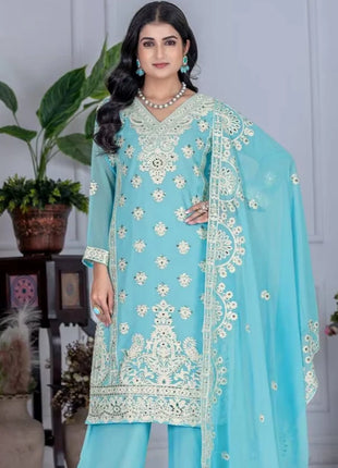 TOP PLAZZO Vintage Summer Loose Work Suit with FOUX GEORGETTE Sequance Embroidery