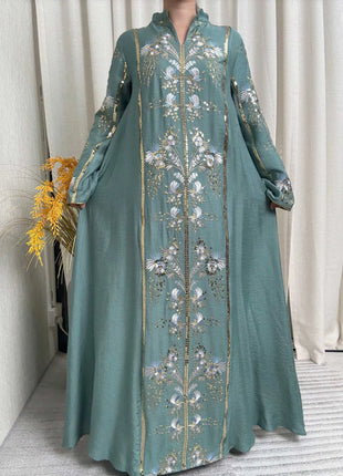 2025 Teal Muslim Abaya with Stand Collar and Exquisite Floral Embroidery Ideal for Islamic Festivities and Ramadan Celebrations
