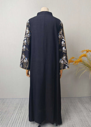 2025 Teal Muslim Abaya with Stand Collar and Exquisite Floral Embroidery Ideal for Islamic Festivities and Ramadan Celebrations