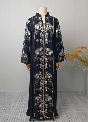 2025 Teal Muslim Abaya with Stand Collar and Exquisite Floral Embroidery Ideal for Islamic Festivities and Ramadan Celebrations