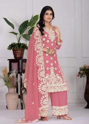 TOP PLAZZO Vintage Summer Loose Work Suit with FOUX GEORGETTE Sequance Embroidery
