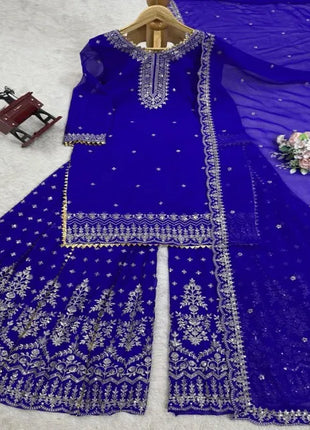 Elegant Faux Georgette Sharara Set with Intricate Thread and Sequence Work Includes Stitched Sharara and Matching Dupatta