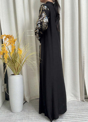 2025 Teal Muslim Abaya with Stand Collar and Exquisite Floral Embroidery Ideal for Islamic Festivities and Ramadan Celebrations