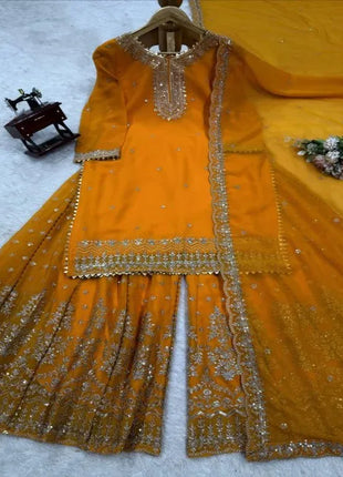 Elegant Faux Georgette Sharara Set with Intricate Thread and Sequence Work Includes Stitched Sharara and Matching Dupatta