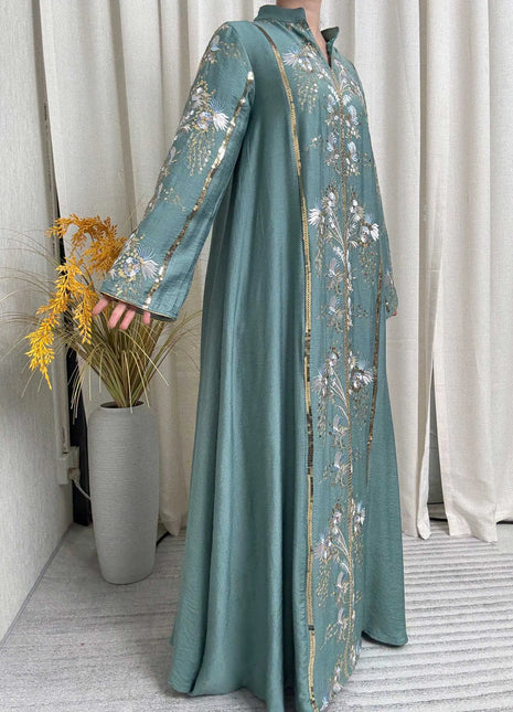 2025 Teal Muslim Abaya with Stand Collar and Exquisite Floral Embroidery Ideal for Islamic Festivities and Ramadan Celebrations