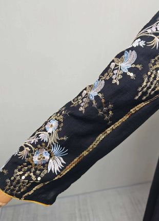 2025 Teal Muslim Abaya with Stand Collar and Exquisite Floral Embroidery Ideal for Islamic Festivities and Ramadan Celebrations