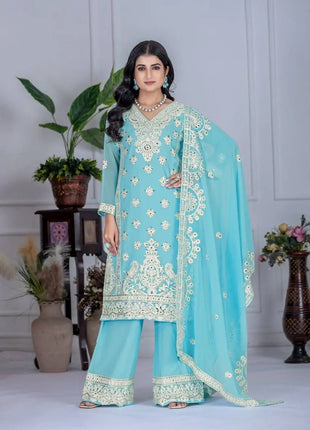 TOP PLAZZO Vintage Summer Loose Work Suit with FOUX GEORGETTE Sequance Embroidery
