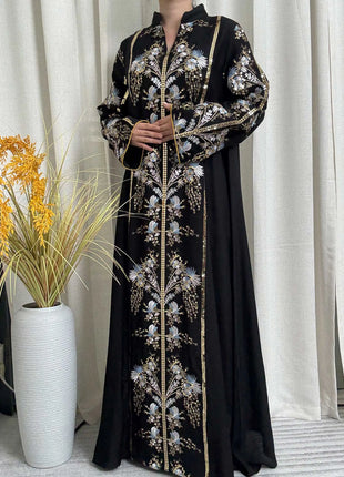 2025 Teal Muslim Abaya with Stand Collar and Exquisite Floral Embroidery Ideal for Islamic Festivities and Ramadan Celebrations