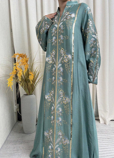 2025 Teal Muslim Abaya with Stand Collar and Exquisite Floral Embroidery Ideal for Islamic Festivities and Ramadan Celebrations