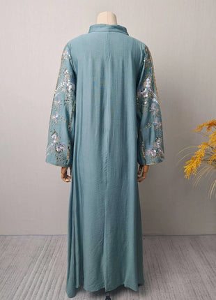 2025 Teal Muslim Abaya with Stand Collar and Exquisite Floral Embroidery Ideal for Islamic Festivities and Ramadan Celebrations