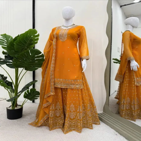 Elegant Faux Georgette Sharara Set with Intricate Thread and Sequence Work Includes Stitched Sharara and Matching Dupatta