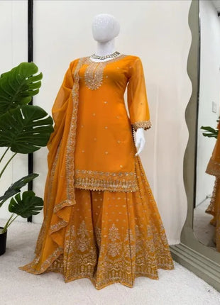 Elegant Faux Georgette Sharara Set with Intricate Thread and Sequence Work Includes Stitched Sharara and Matching Dupatta