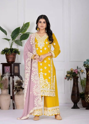 TOP PLAZZO Vintage Summer Loose Work Suit with FOUX GEORGETTE Sequance Embroidery