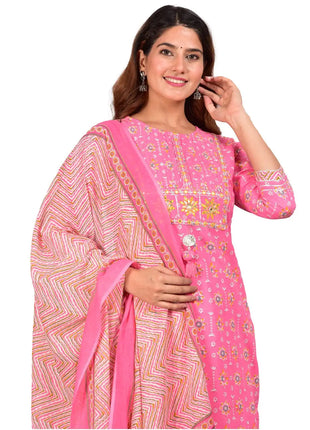 Embroidered Floral Kurta Set, Pink Cotton Kurta with Zig-Zag Printed Pants, Perfect for Casual or Festive Wear set for women