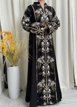 2025 Teal Muslim Abaya with Stand Collar and Exquisite Floral Embroidery Ideal for Islamic Festivities and Ramadan Celebrations