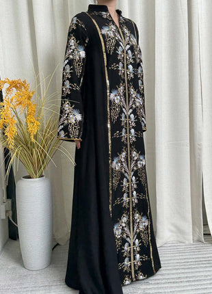2025 Teal Muslim Abaya with Stand Collar and Exquisite Floral Embroidery Ideal for Islamic Festivities and Ramadan Celebrations