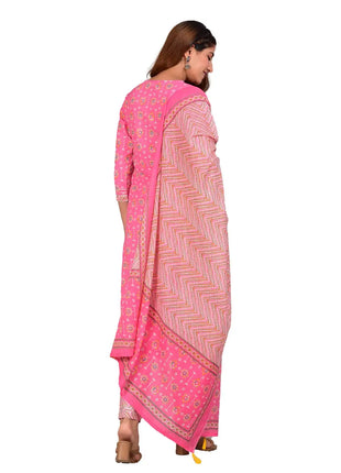 Embroidered Floral Kurta Set, Pink Cotton Kurta with Zig-Zag Printed Pants, Perfect for Casual or Festive Wear set for women