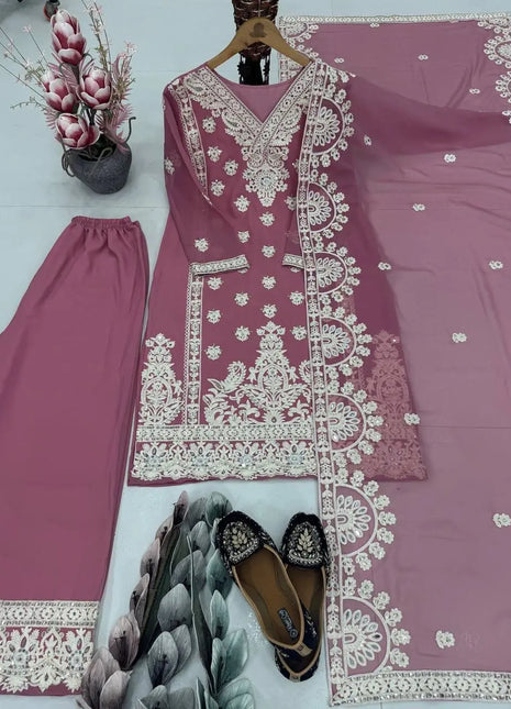 TOP PLAZZO Vintage Summer Loose Work Suit with FOUX GEORGETTE Sequance Embroidery