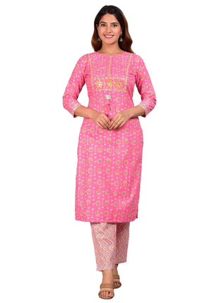 Embroidered Floral Kurta Set, Pink Cotton Kurta with Zig-Zag Printed Pants, Perfect for Casual or Festive Wear set for women