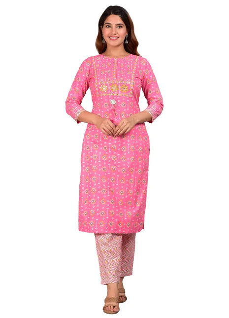 Embroidered Floral Kurta Set, Pink Cotton Kurta with Zig-Zag Printed Pants, Perfect for Casual or Festive Wear set for women