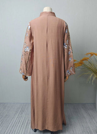 2025 Teal Muslim Abaya with Stand Collar and Exquisite Floral Embroidery Ideal for Islamic Festivities and Ramadan Celebrations