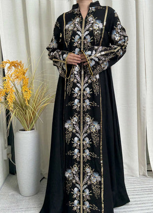 2025 Teal Muslim Abaya with Stand Collar and Exquisite Floral Embroidery Ideal for Islamic Festivities and Ramadan Celebrations
