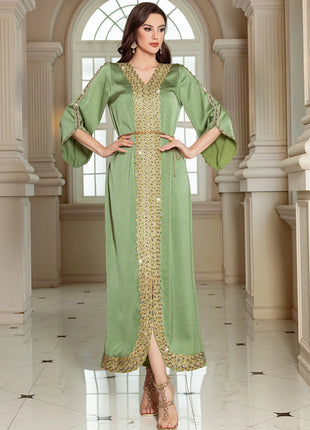 Women's Wholesale Olive Green Kaftan Gold Beaded Embroidery Elegant Formal Maxi Dress