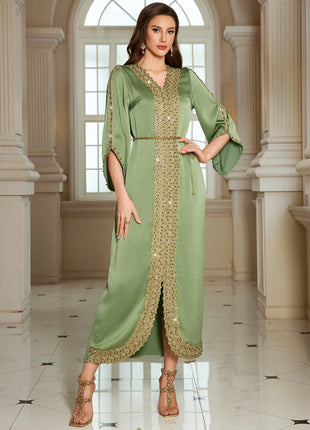 Women's Wholesale Olive Green Kaftan Gold Beaded Embroidery Elegant Formal Maxi Dress
