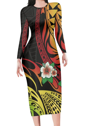 Polynesia Tribal Tropical Hawaiian Design Micronesia Long Dress Pacific Custom Digital Print Polyester Floral Print Pencil Dress