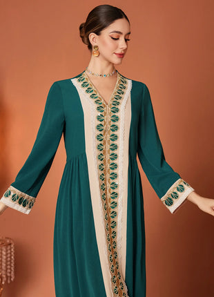 ZF4090 Dark Green Apricot Vintage Beaded Lace Trim High-End Polyester Abaya Elegant Middle Eastern Dress for Summer Autumn Eid