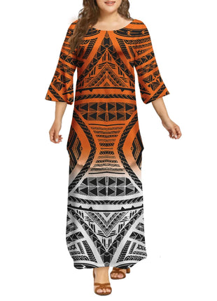Dola Xiamen Culture Media Black Red Tonga Puletasi Dresses Ptaha Three-quarter Bell Sleeves Plus Size Samoan Dresses 2 Piece