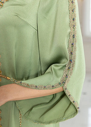 Women's Wholesale Olive Green Kaftan Gold Beaded Embroidery Elegant Formal Maxi Dress