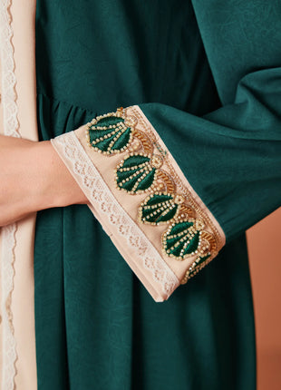 ZF4090 Dark Green Apricot Vintage Beaded Lace Trim High-End Polyester Abaya Elegant Middle Eastern Dress for Summer Autumn Eid