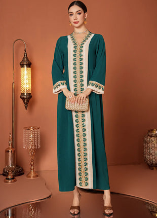 ZF4090 Dark Green Apricot Vintage Beaded Lace Trim High-End Polyester Abaya Elegant Middle Eastern Dress for Summer Autumn Eid