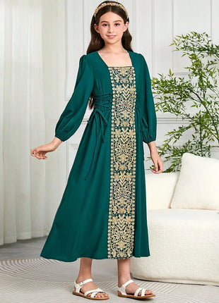 New Girls Muslim Gold Lace Embroidered Long Abaya with Square Neck Puff Sleeves Emerald Green Islamic Kids Clothing