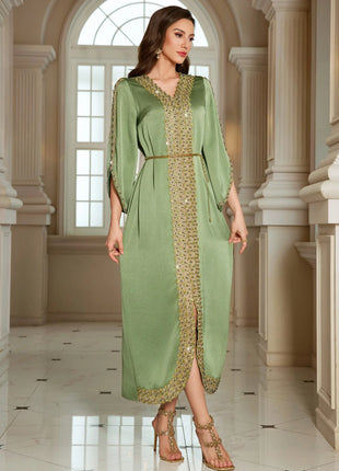 Women's Wholesale Olive Green Kaftan Gold Beaded Embroidery Elegant Formal Maxi Dress